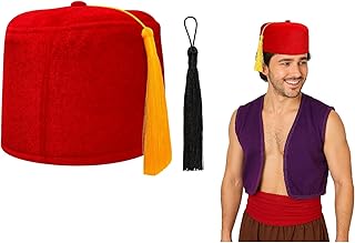 Adult Red Fez Hat with Gold or Black Tassel Moroccan Shriner Cap Turkish Tarboosh Cosplay Halloween Costume Accessory Adjustable Size Fits Most