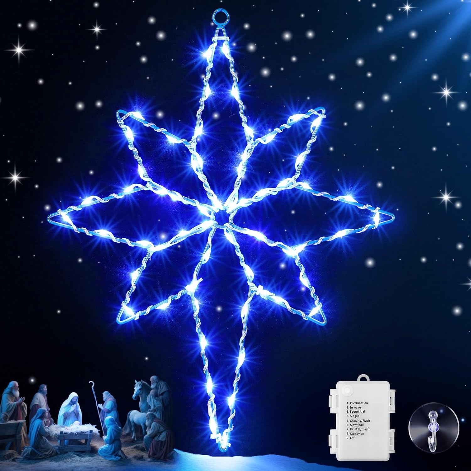 4 Pack 16 Large Christmas Window Light Decorations, LED Bethlehem Christmas Star Window Silhouette Lights with Timer, 8 Models, Iron Frame, Battery Operated Lighted Xmas Star Decors (Warm White)