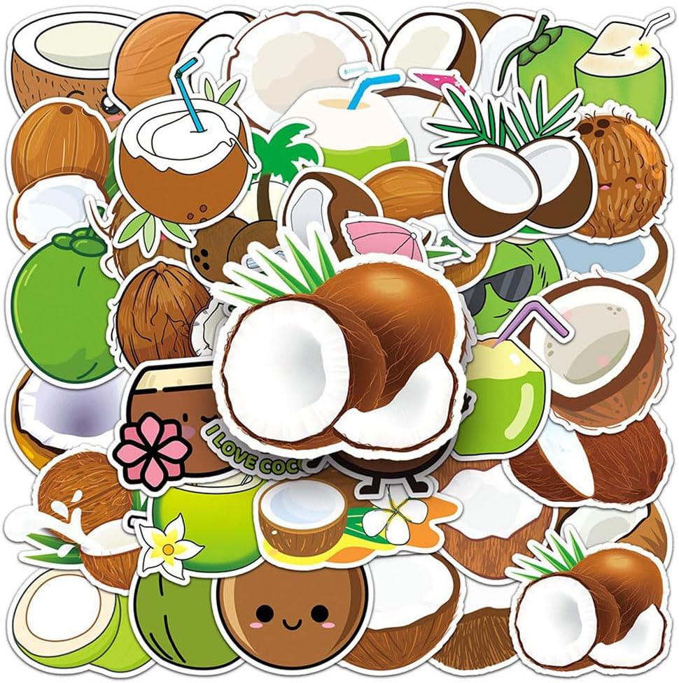 Coconut Stickers |50Pcs Coconut Waterproof Vinyl Decals for Water Bottles | Removable Reusable Peel and Stick Decation for Water Bottles Laptop Cup Mobile Phone Skateboard Guitar Car Motorcycle Bike