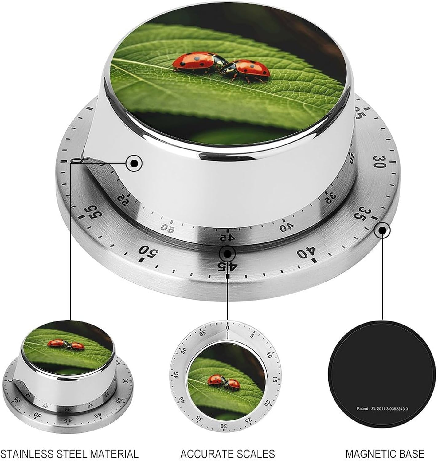 Leaves and Ladybug Timer Stainless Steel Kitchen Timers Waterproof & Rust-Proof 60 Minute Mechanical Timer with Loud Alarm for Cooking, Baking, Fitness