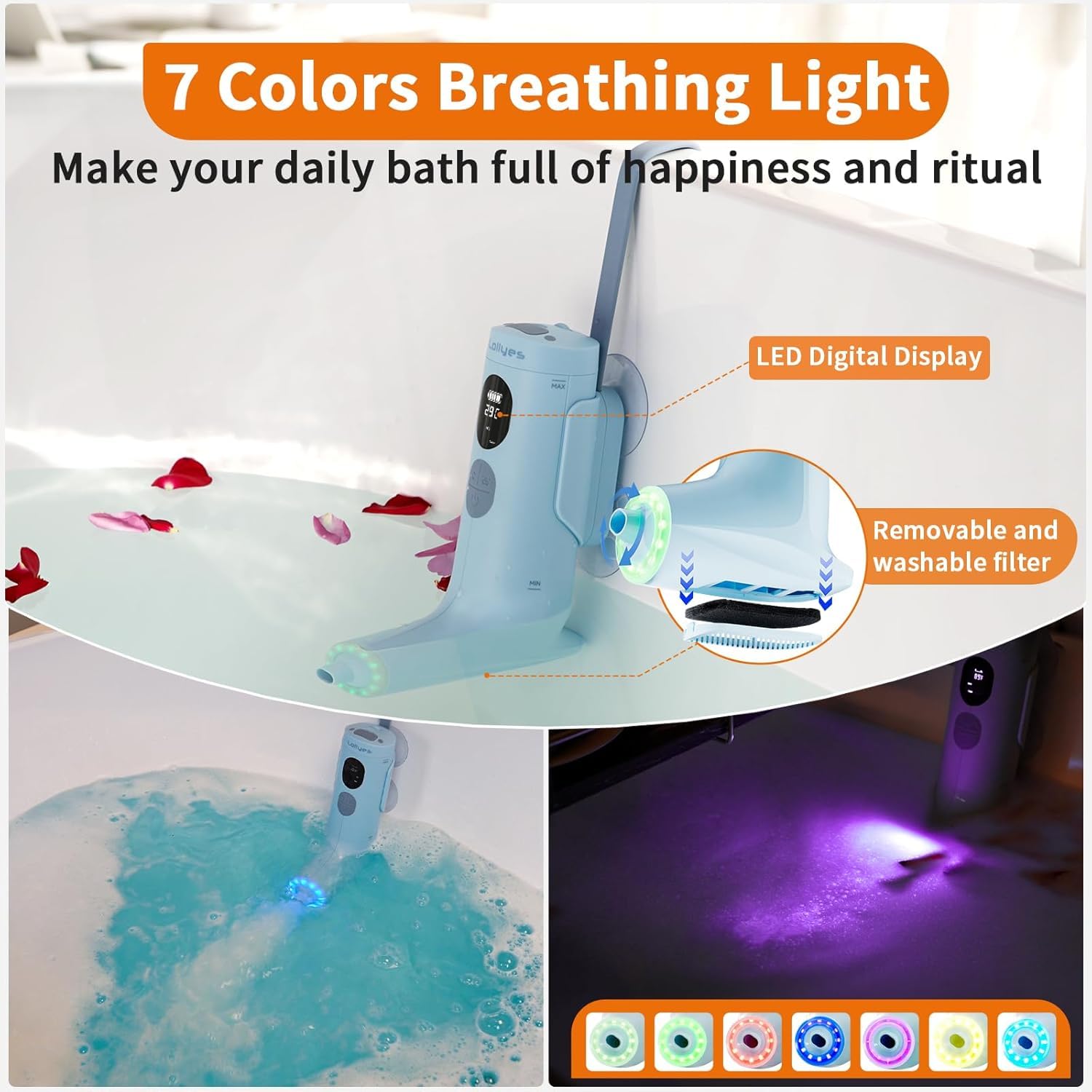 Spa Idromassaggio a Bolle per Vasca da Bagno con Doppie Modalità di Idroterapia, Flusso d’Acqua a 3 Livelli, Impermeabile IP68, Luce LED, Wireless Batteria da 2600mAh (Blu) - 3