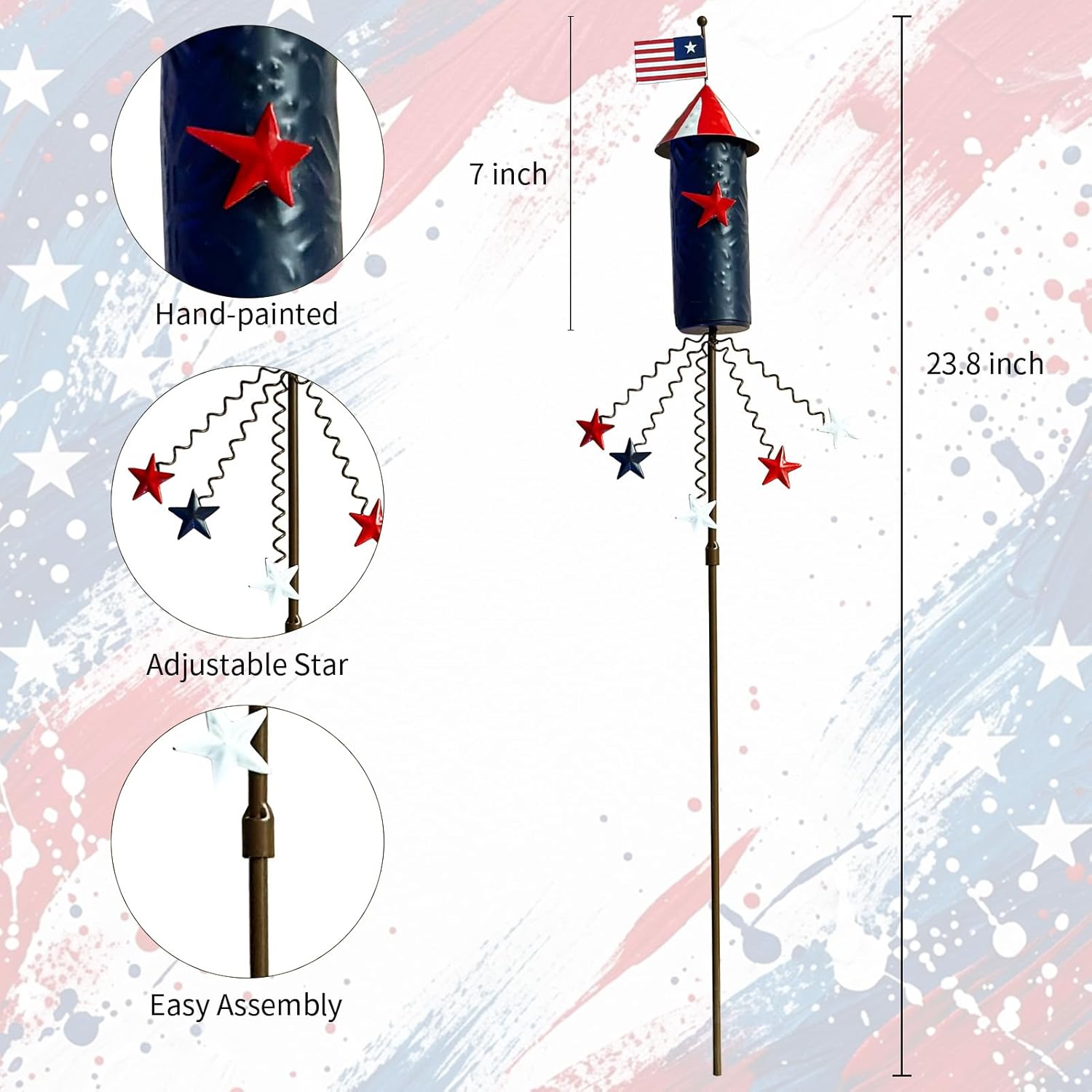 3 Pack Patriotic 4th of July Decorations Outdoor,23.6” Metal Americana Firework Decorative Garden Stakes for Independence Day Garden Decor, 3D Red White Blue Yard Signs for Lawn Porch