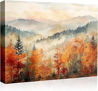 TYPTEK Vintage Autumn Landscape Canvas - Retro Farmhouse Watercolor Landscape Wall Art for Living Room Bedroom and Rustic Fall Bathroom Decor