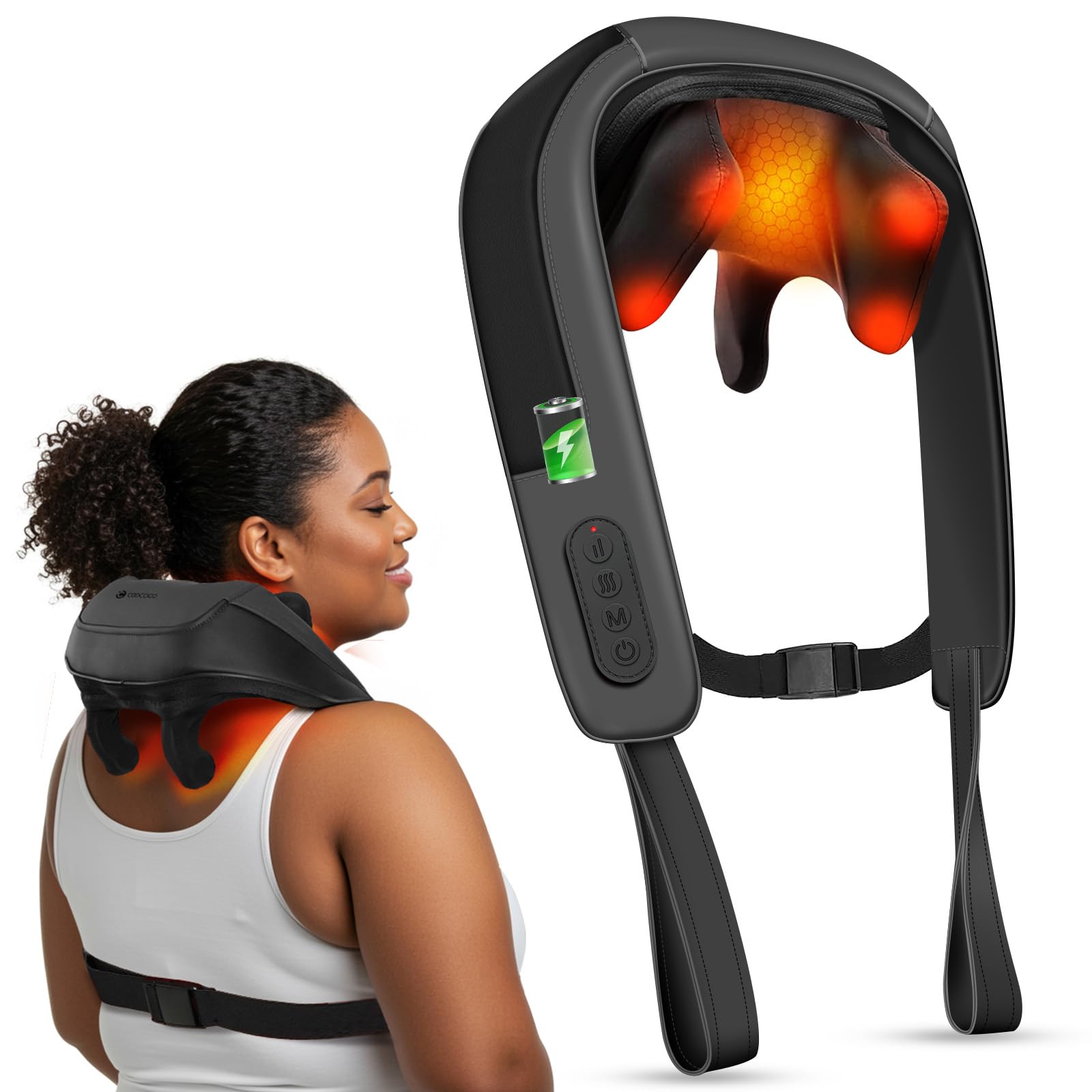 CooCoCo Kabelloses Nackenmassagegerät mit Wärme, Shiatsu Schulter Massagegerät, Wiederaufladbares Rückenmassagegerät für Nacken, Rücken und Schulter, für Büro und Reisen, Geschenke für Frauen Männer