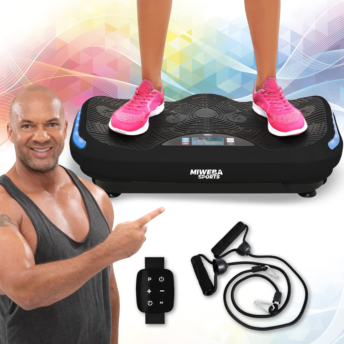 Miweba Sports Fitness 4D Wave Plaque vibrante MV300 - Bracelet télécommande - Design Wave - 800 Watts - Haut-Parleur Bluetooth - Bandes d'entraînement - LED - Grande Surface d'appui
