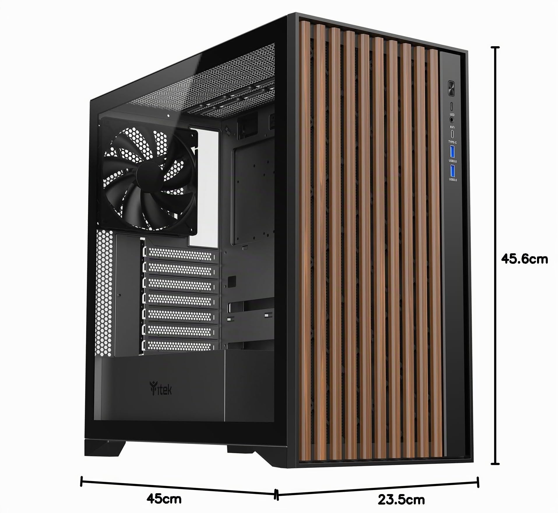 Itek Caja Woody – Torre Gaming – ATX – 3X Ventiladores Negros de 14 cm – 2X USB 3.0 – Type-C – Frontal de Madera – Panel Lateral de Vidrio Templado