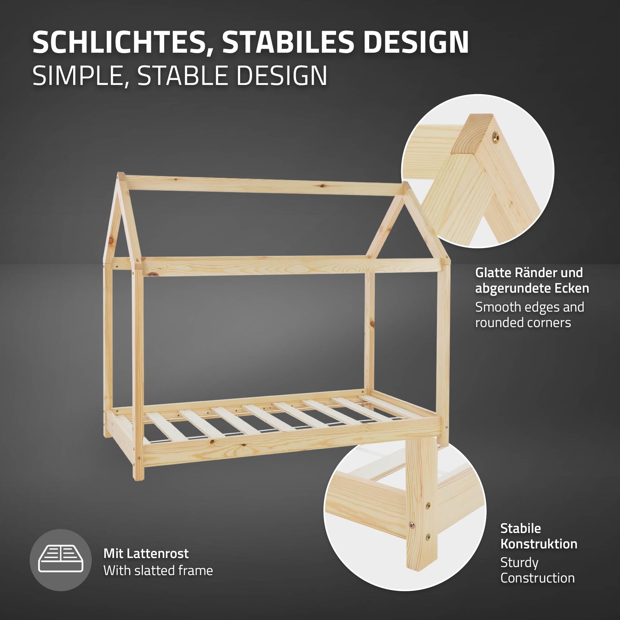 ML-Design Lózko Dzieciece 80x160 Cm Z Dachem I Stelazem Listwowym, Naturalne, Lózko Domek Dla Dziewczynek I Chlopców, Domek Dla Dzieci Z Litego Drewna Sosnowego, Stabilne Lózko Mlodziezowe Dzieciece