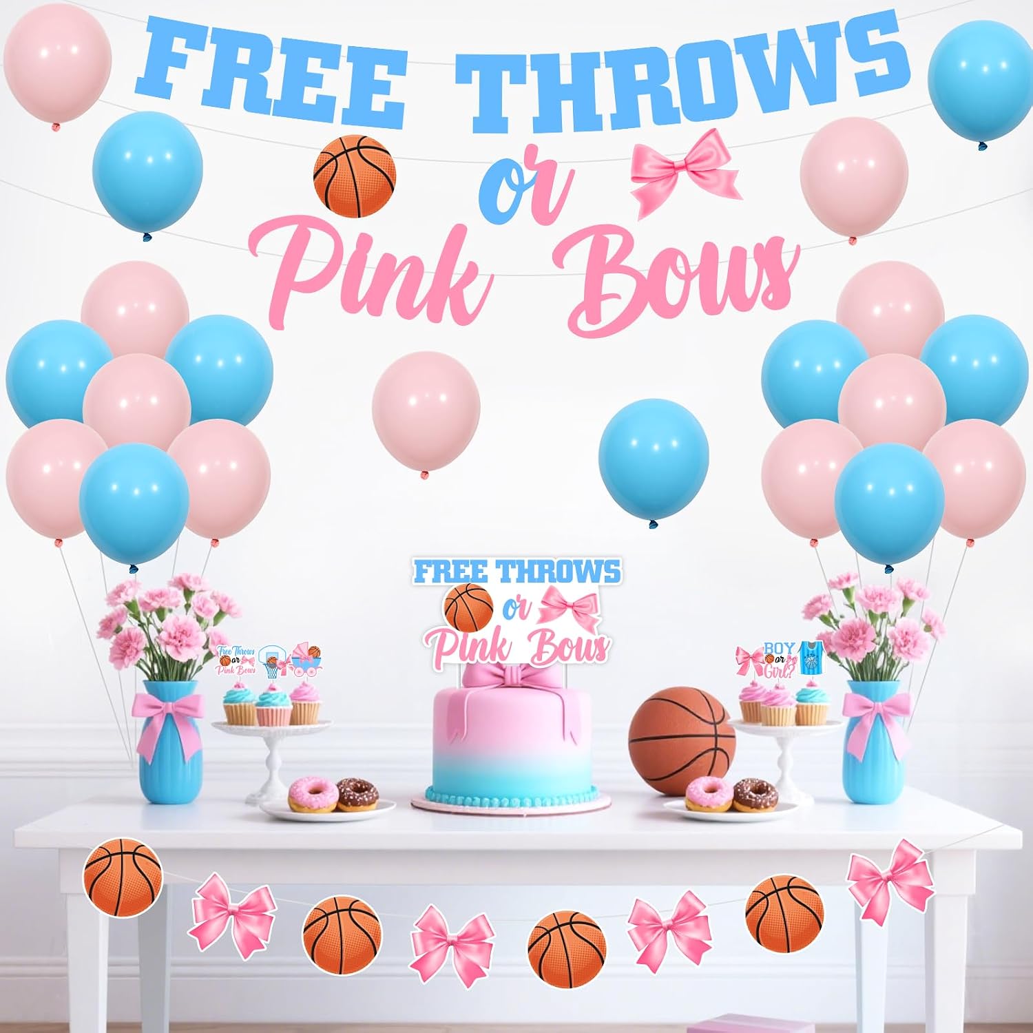 Pink and Blue Basketball or Bows Gender Reveal Decorations - Free Throws or Pink Bows Banner, Cake Topper, Cupcake Toppers, Balloons for Pregnancy Celebration Boy or Girl Newborn Party