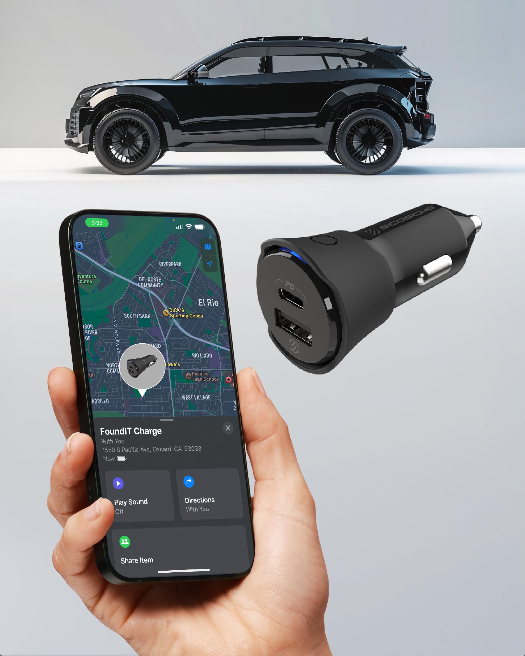 Amazon.com: Scosche FoundIT Charge 32W Car Charger, Multi-Port Cigarette  Lighter Adapter with 20W USB-C Fast Charging & 12W USB-A Port, Built-in  Locator Compatible with Apple Find My & Android Find Hub :