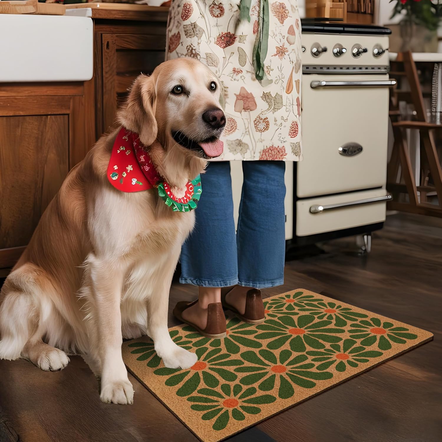 Cute Boho Door Mat Retro Floral Outdoor Welcome Mats,Outside Entrance Non Slip Doormat, Porch Back Door Home Decor(17X30in, Green Flower)
