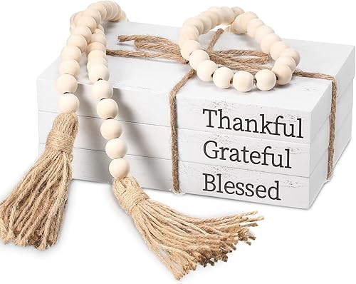 Jetec 3 libros decorativos blancos de imitación de decoración de granja con guirnalda de cuentas de madera de 58 pulgadas para sala de estar, mesa