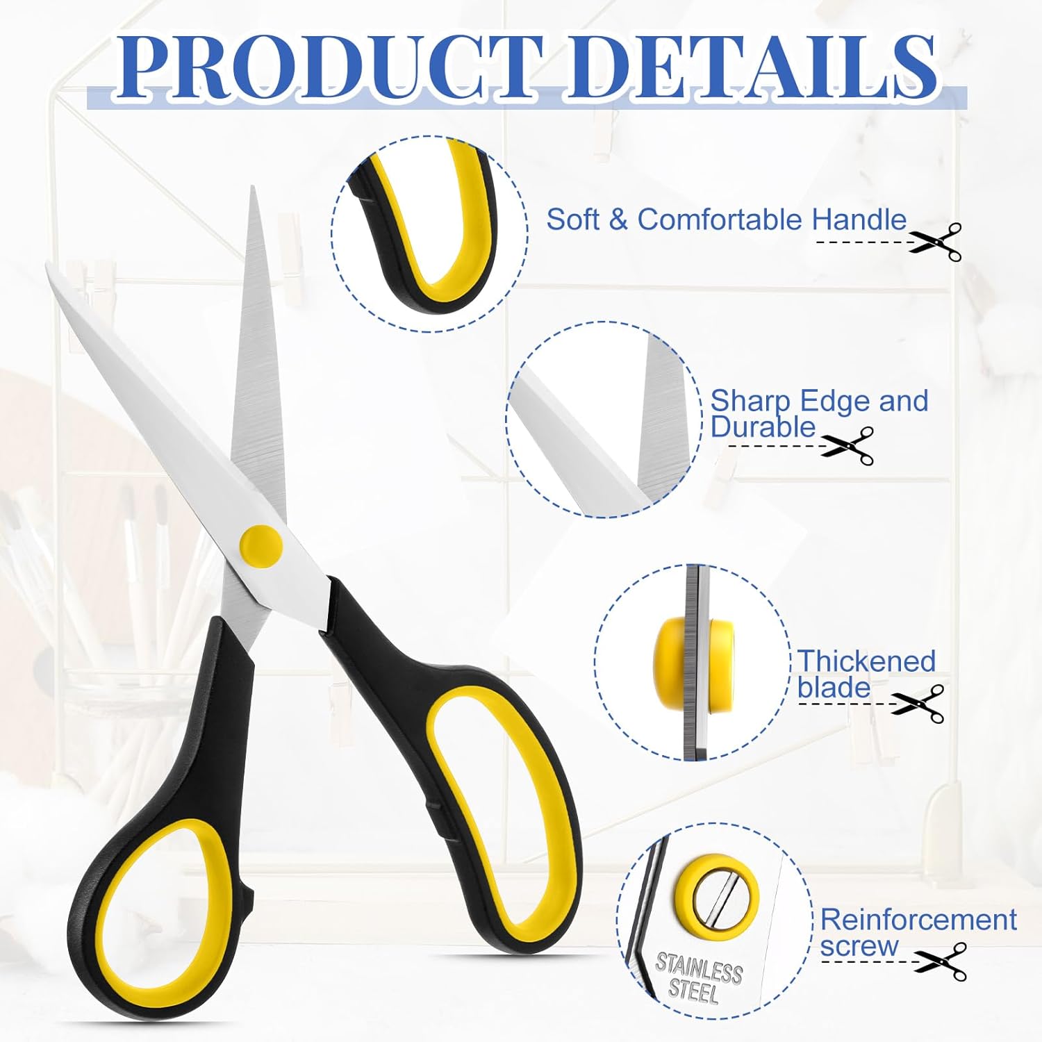 WILLBOND 30 Pack Scissors Bulk 8" Multipurpose Professional Heavy Duty Multicolor Sewing Stainless Steel Scissors Set for Office Home Sewing Fabric (Yellow,Blue)