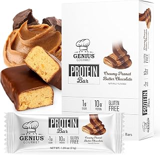 Genius Gourmet Protein Bar, Chocolate Peanut Butter, Keto Snack, Low Carb, Low Sugar & Gluten Free, Protein Snacks for Adults, 10G of Whey Protein per Protein Bar, 5 Net Carbs, 10 Count