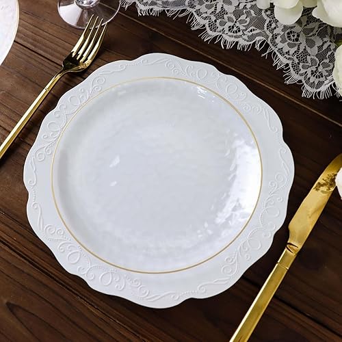 Miniatura 143 de Efavormart - Paquete de 10 platos redondos de plástico martillado transparente de 9 pulgadas para aperitivos de postres con borde dorado, plato