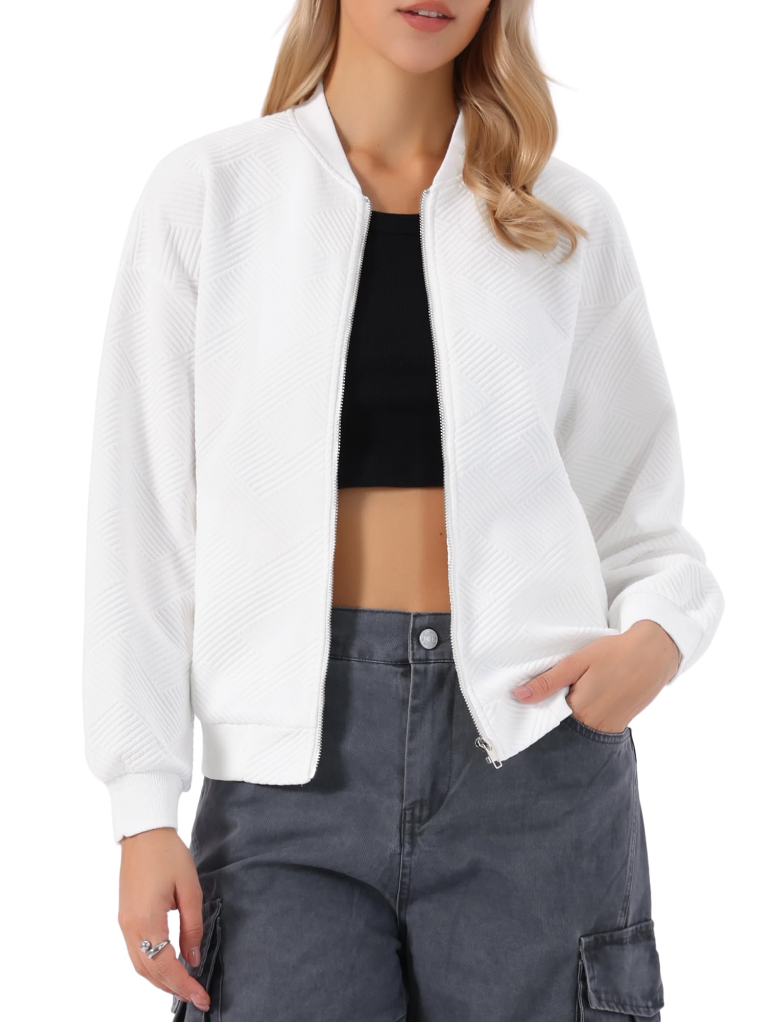 Allegra K Blouson Décontractée Femme Aviateur Col Rond Texturé Style Baseball Veste Bomber Manches Longues