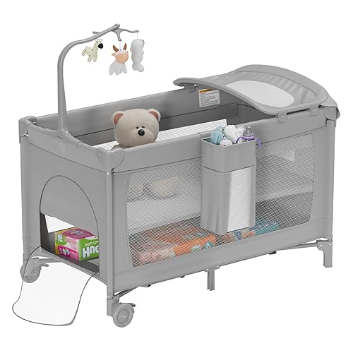 Paquete grande y juega, cuna portátil con cambiador de pañales, colchón, juguetes y decoración colgantes, moisés de viaje para dormir junto a la