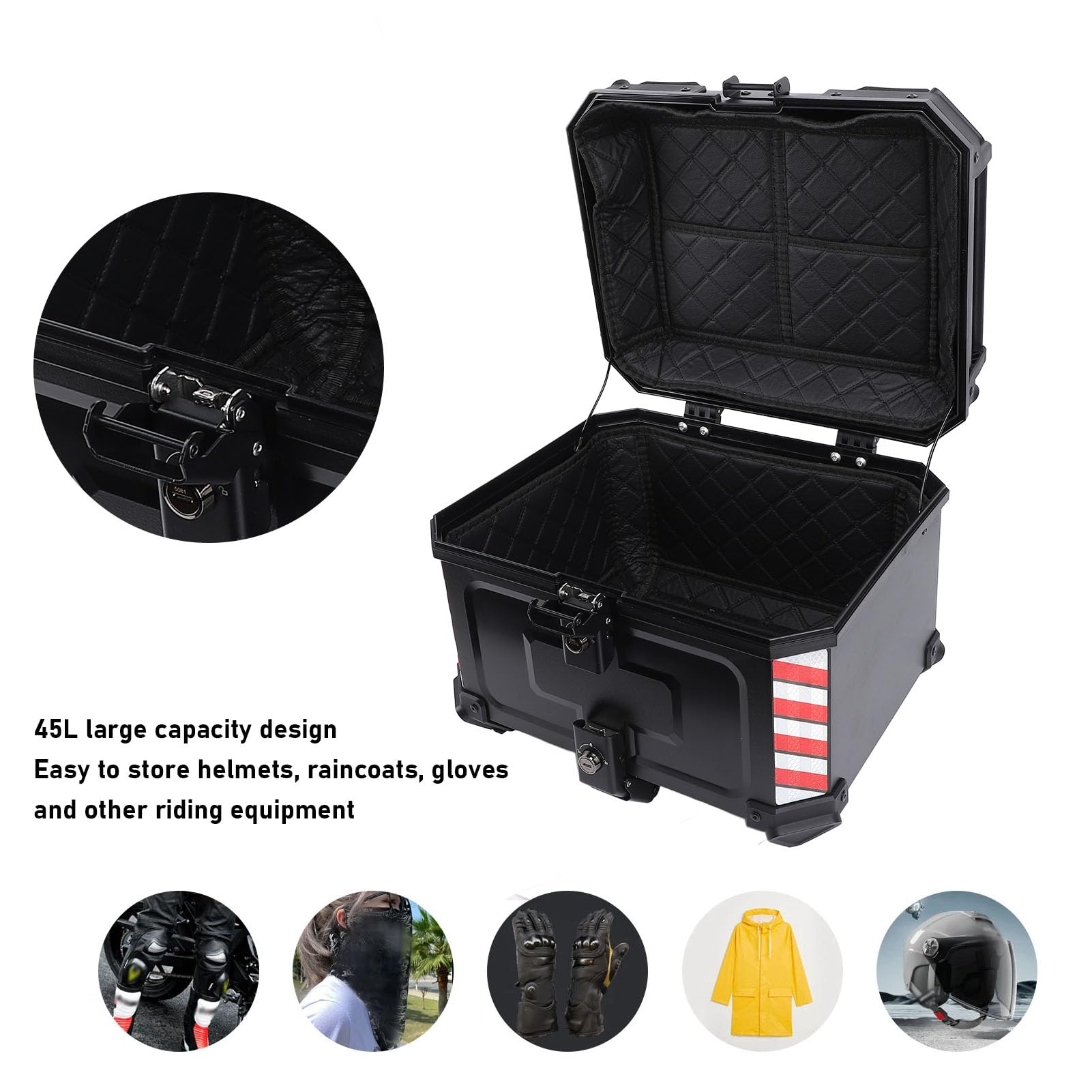 Baúl para Motocicleta, ABS, Estuche Trasero para Motocicleta, 45 L, Impermeable, Almacenamiento con Bloqueo de Liberación Rápida con Pegatinas Reflectantes y Revestimiento Extraíble para
