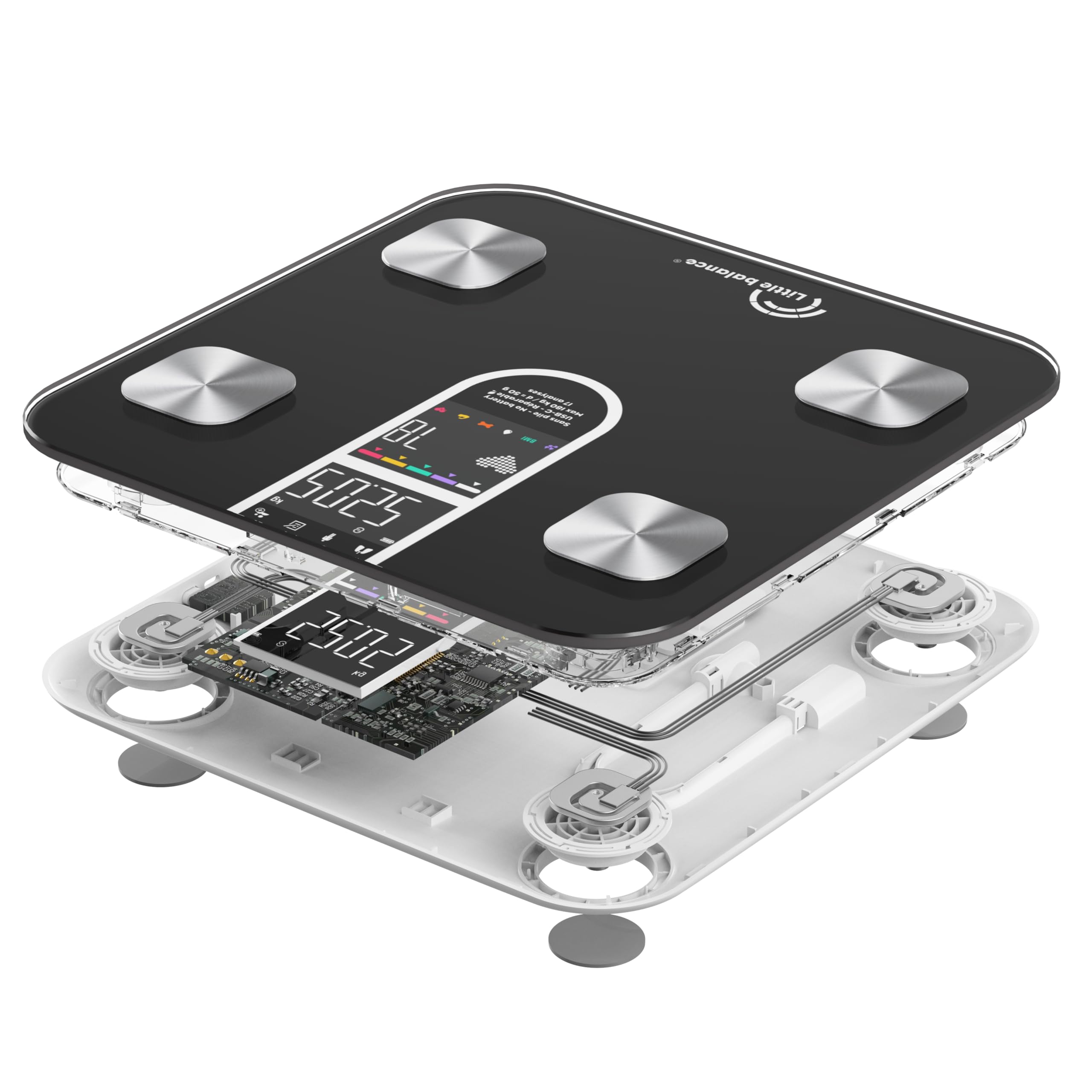 LITTLE BALANCE 8838 IC-X4-Visio, Pèse Personne, Ecran XXL couleur, Balance Impédancemètre Connecté, Pèse-personne Intelligent avec application, Sans Pile USB-C, 4 électrodes, 22 mesures, 180 kg/50 g