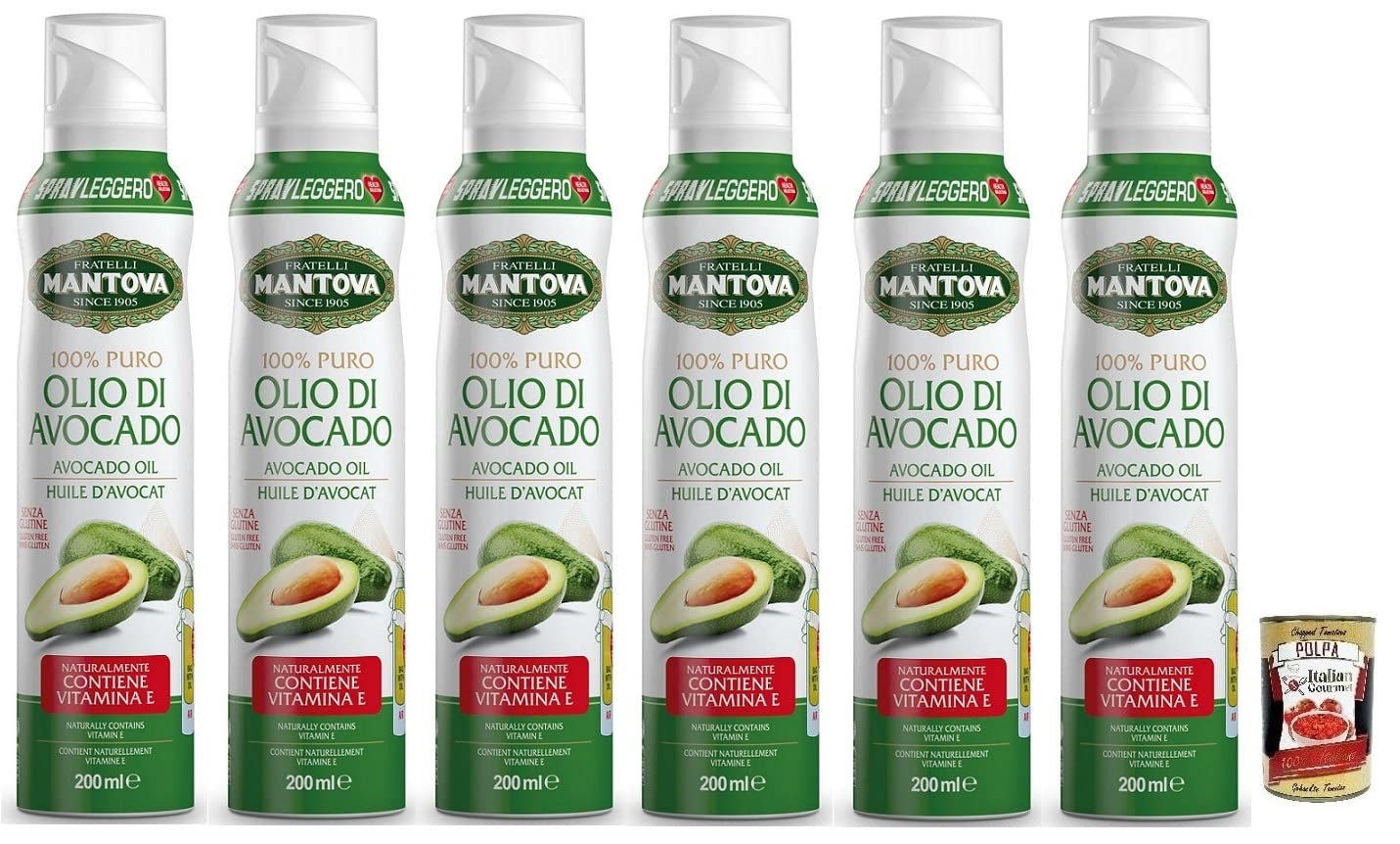 Italian Gourmet Bundle Avocadoöl Spray 6x 200ml + Italian Gourmet Polpa Gratis – 100% reines Avocado Öl als Kochspray, Sprühöl für Braten, Grillen, Backen, Salat & Vorrat 1,2L