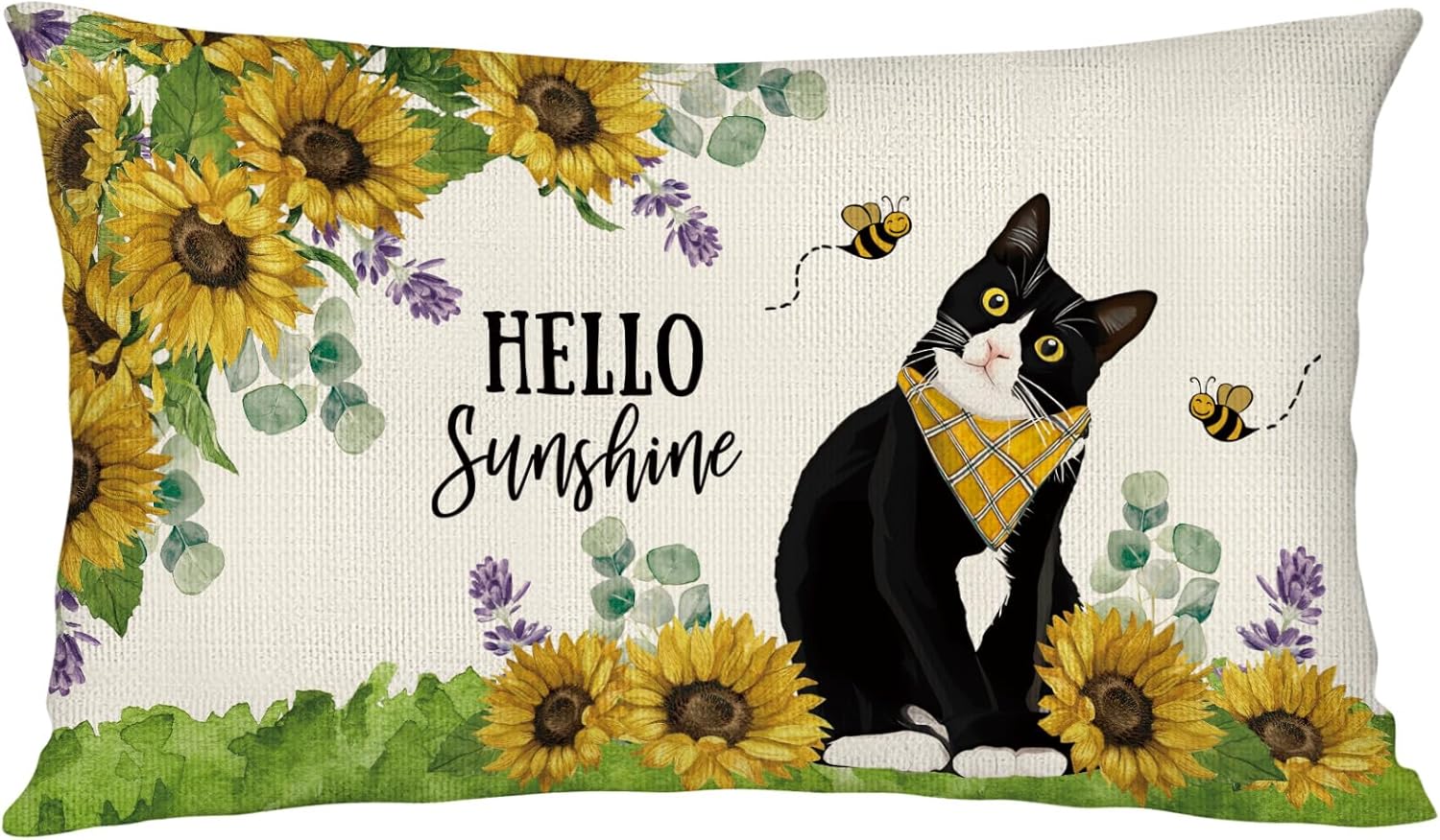 Hello Sunshine Sunflower Cat Throw Pillow Cover 12x20 Inch Outdoor Spring Summer Decorations Lumbar Decorative Throw Pillow Case for Couch Home Room Decor