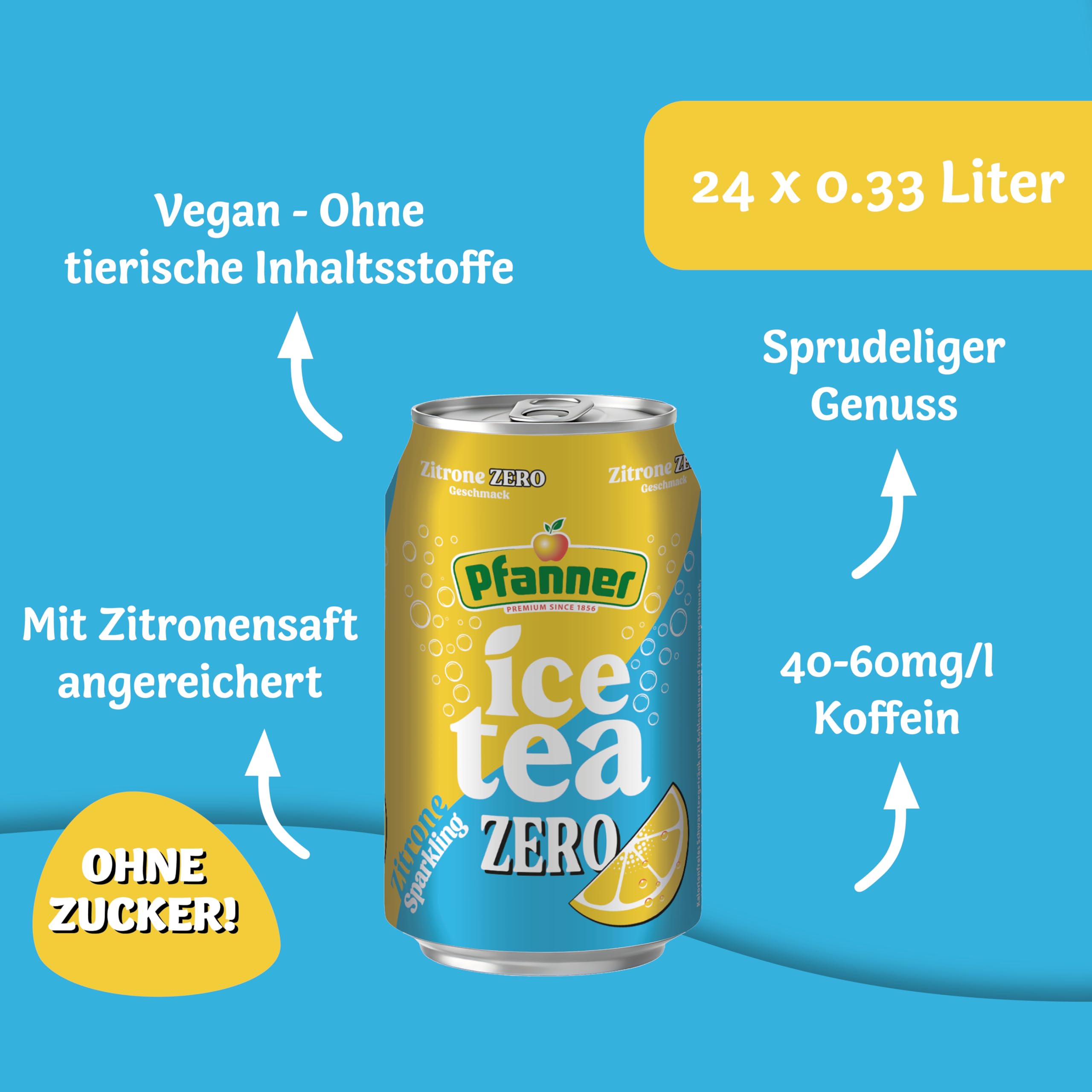 Pfanner Eistee Lemon Zero - Sparkling Dose im Vorratspack – Zuckerfreier und kohlensäurehaltiger IceTea mit Zitronengeschmack - ohne Zucker (24 x 0,33 l)