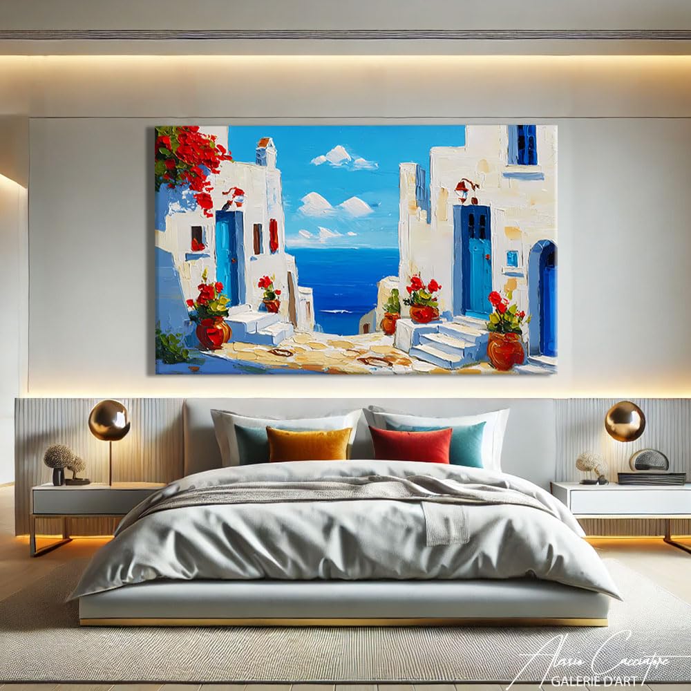 Alessio Cacciatore Quadro Grecia - Cornice decorativa da parete paesaggio mare - Stampa su tela mediterranea - Quadro nautico - Poster decorazione da parete Ocean - tela moderna design soggiorno (40 x