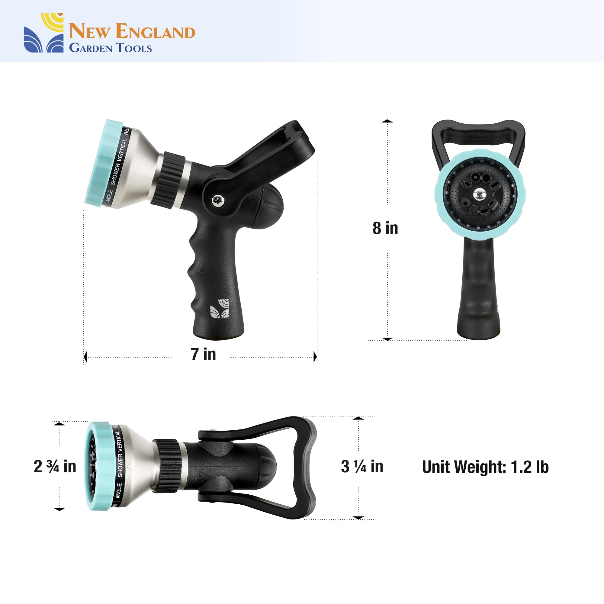 Boquilla de manguera de bombero de metal resistente con 10 patrones 500003 con control de palanca y agarre cómodo por New England Garden Tools para limpieza, riego de plantas y patios, lavado de