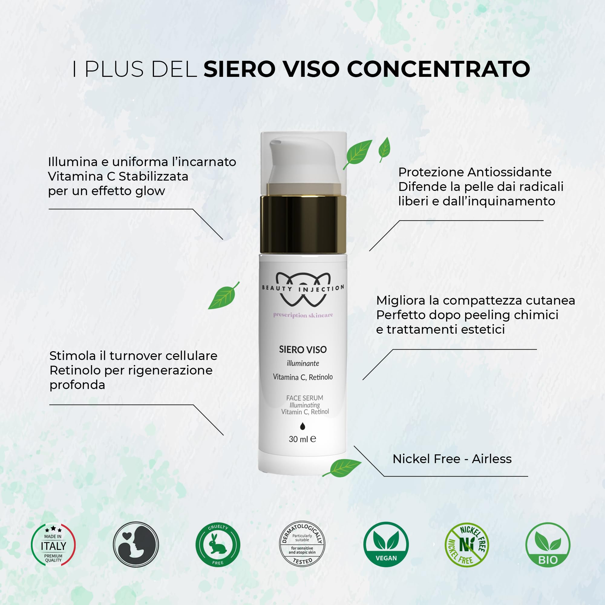 Wikirose Siero Viso Illuminante Uniformante con Vitamina C & Retinolo, Acido Ialuronico, Aloe Vera Bio, per Pelle Spenta o Stressata, 30ml