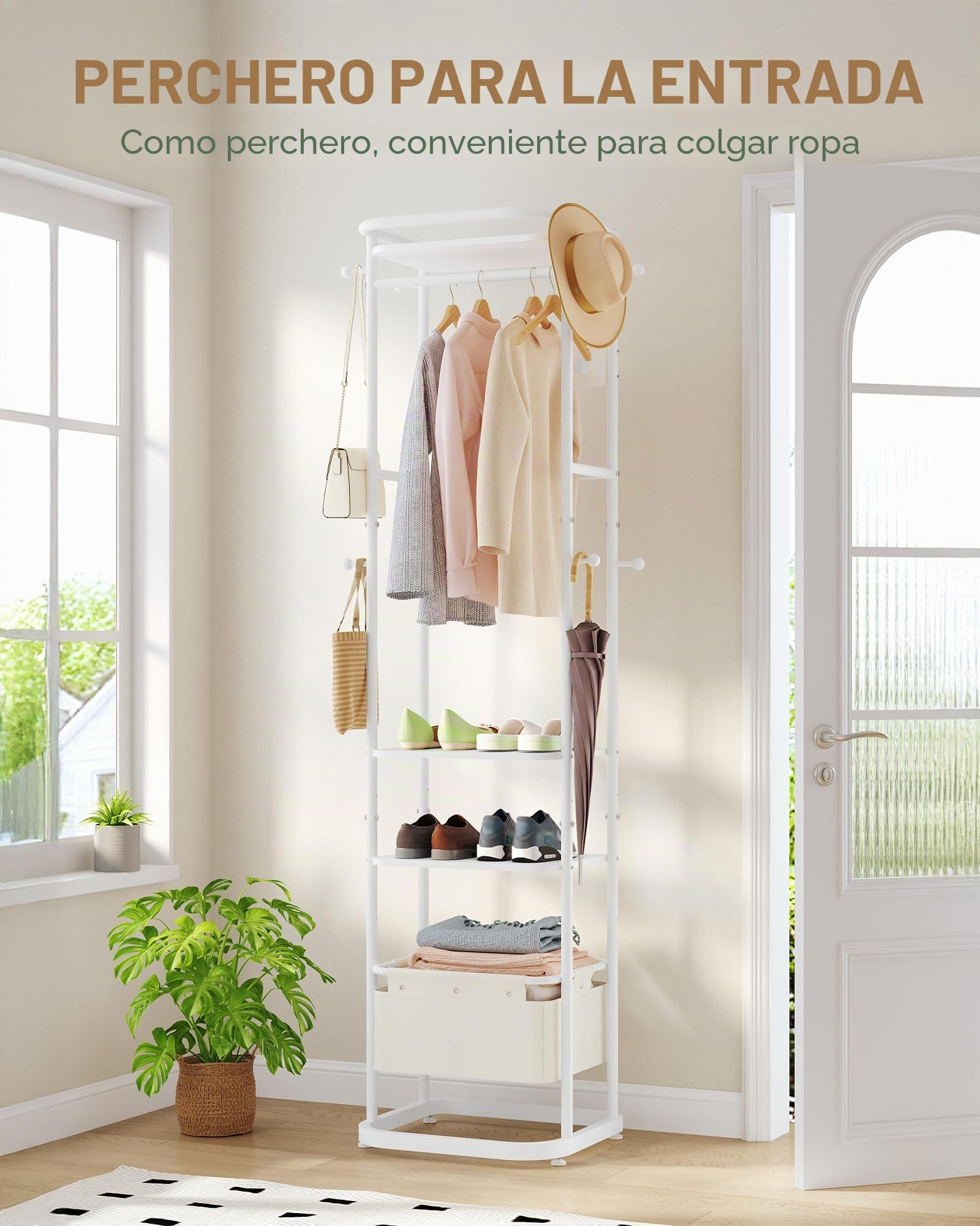 Hzuaneri Perchero, perchero de pie, 40 x 44,5 x 182 cm, 3 estantes, 11 ganchos, 1 cesta, perchero entrada recibidor para bufandas, bolsas, para dormitorio, pasillo, entrada, oficina, Blanco CR34703W | Cesta de almacenamiento grande de 40 x 44,5 x 182 cm,