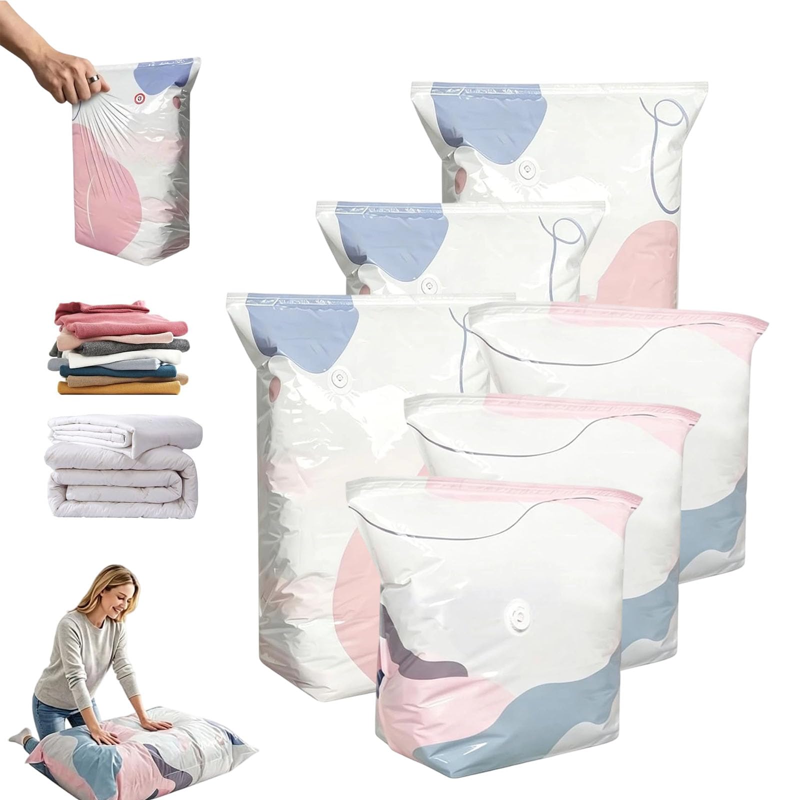 Bolsas De Compresión Al Vacío Estereoscópicas Gruesas Sin Bomba, Bolsas De Almacenamiento Al Vacío Sin Bomba, Bolsas Ahorradoras De Espacio Press & Seal Para Ropa, Mantas Y Edredones. (3S+3L)