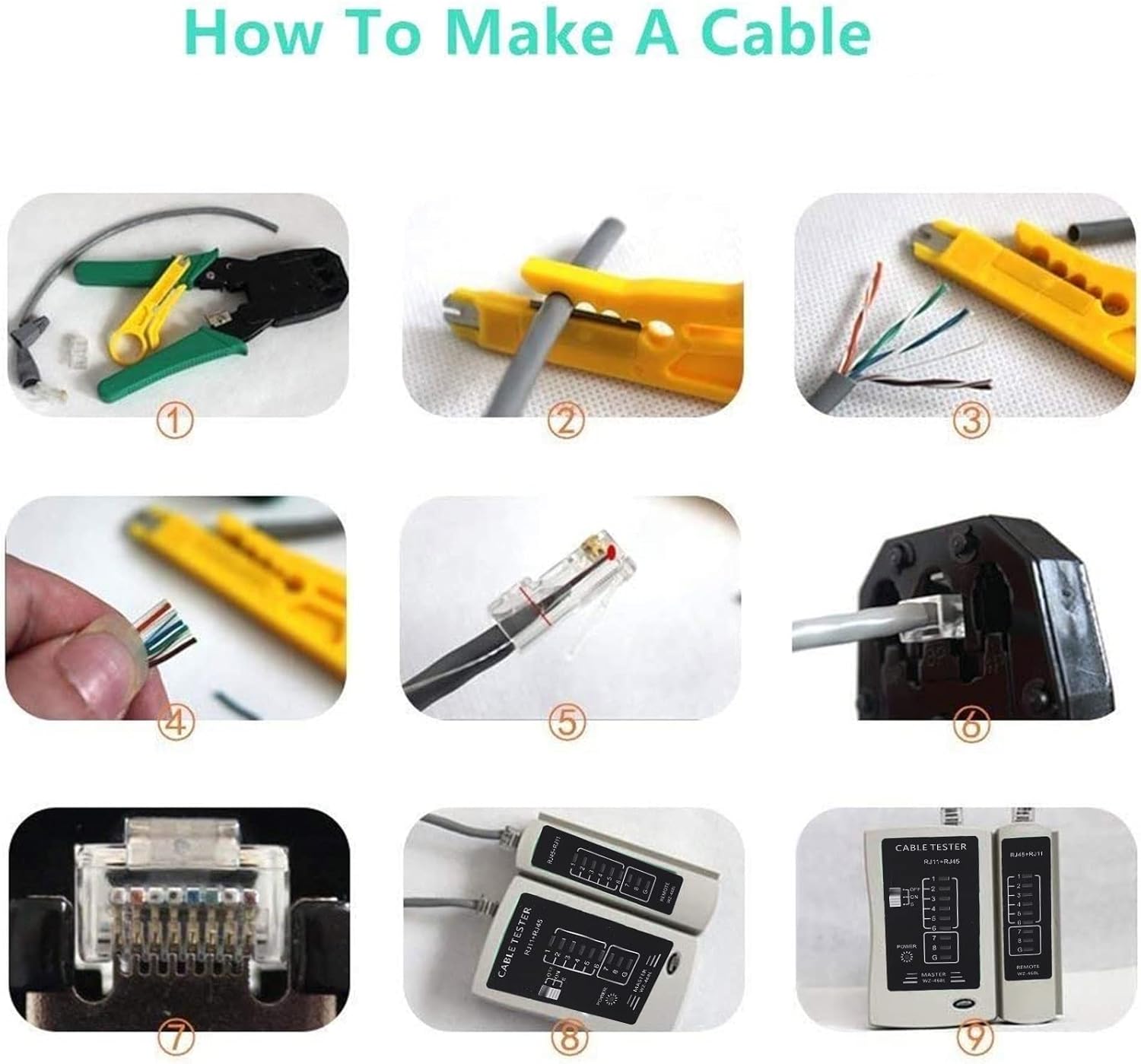Network Tool Kit for RJ45 RJ11 RJ12 Connector 9 in 1 Portable Ethernet Crimping Tool Kit Network Cable Tester with Storage Bag