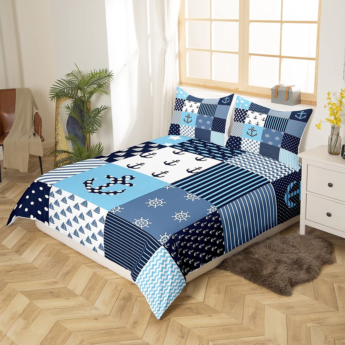 Juego de ropa de cama con diseño de océano para niños y adolescentes, funda de edredón para niños y adolescentes, diseño de rayas, color azul y blanco