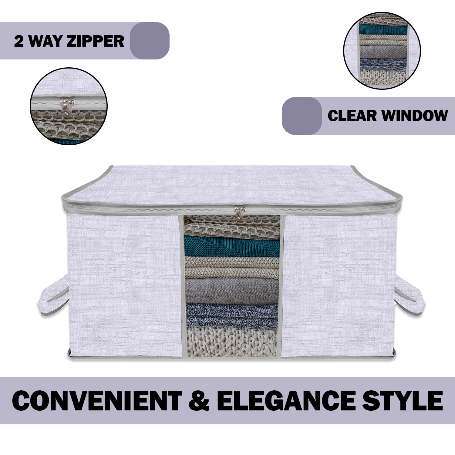 Kuber Industries Unterbett-Aufbewahrungstasche, Kleideraufbewahrung, Organizer, durchsichtiges Fenster, Decken-Abdeckung, Stoff-Organizer mit Griff, Jute-Druck-Design, groß, 6 Stück, Grau