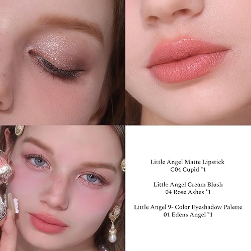 Miniatura 3 de Flower Knows Little Angel - Juego de maquillaje de 5 piezas, lápiz labial mate (C04) + rubor crema (04) + sombra de ojos (01) + bolsa de lona + clip