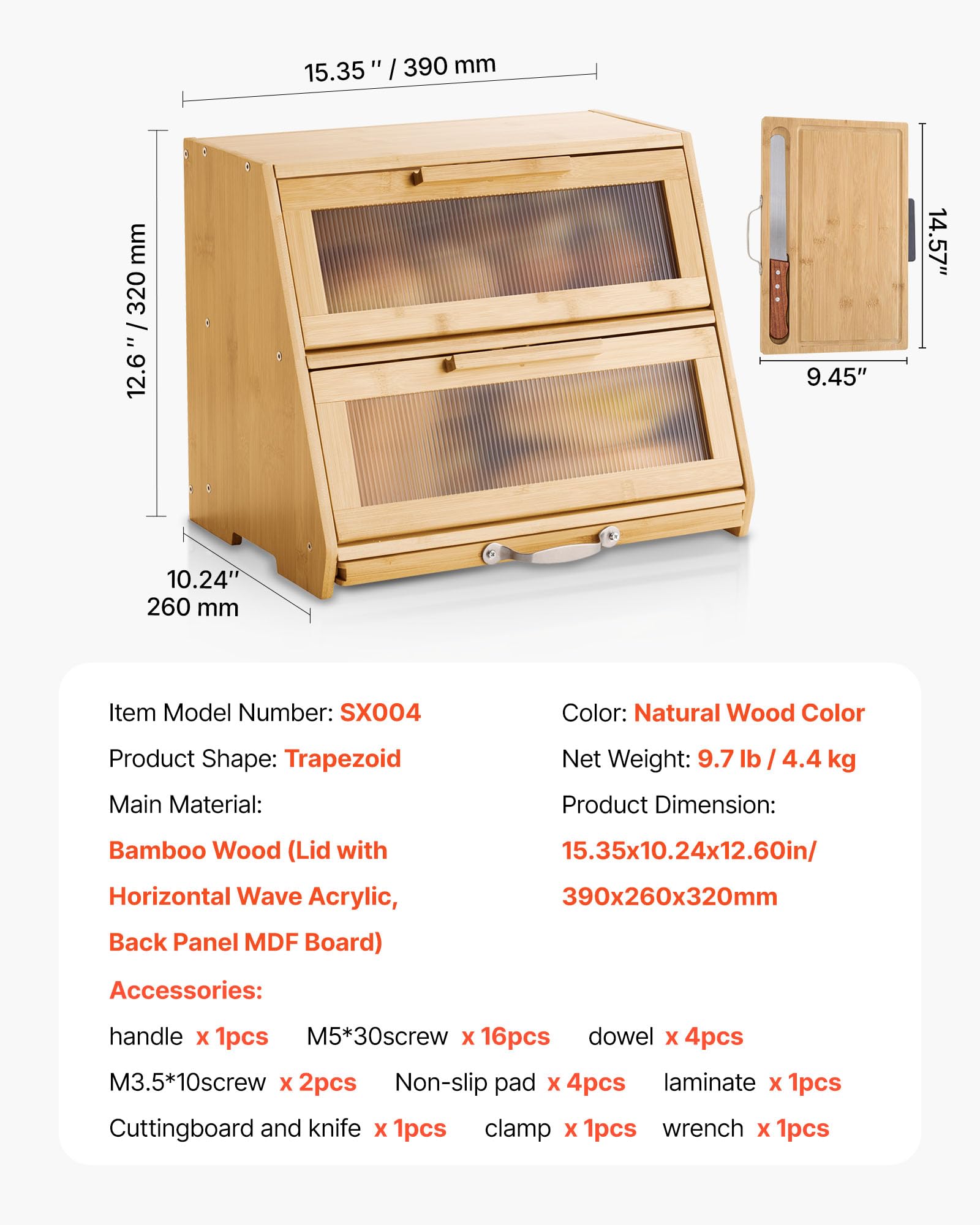 VEVOR Contenitore per Pane a Doppio Strato per Bancone della Cucina 390 x 260 x 320 mm Contenitore per Pagnotta in Legno di Bambù per Pane Fatto in Casa, con Pannello Porta in Acrilico Ondulato