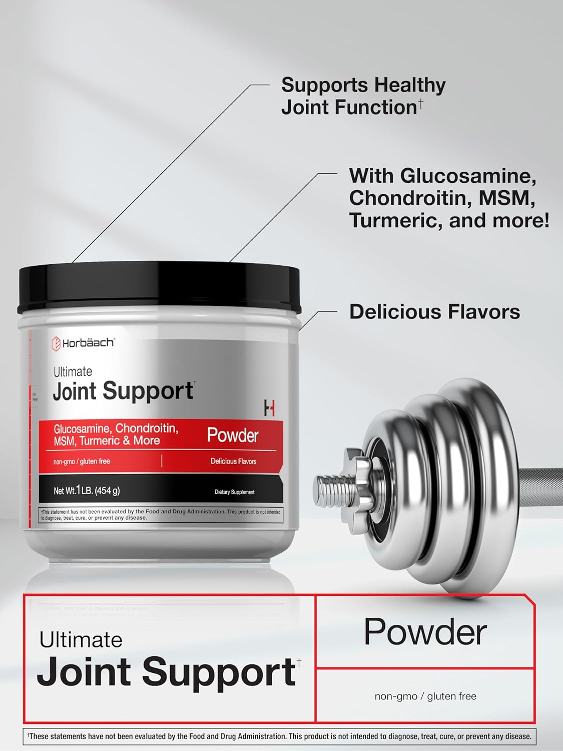 Horbaach Joint Support Supplement Powder | 1 lb | Glucosamine, Chondroitin, MSM & Turmeric | for Men and Women | Non-GMO & Gluten Free