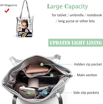 Tote Bag Handbags for Women Large Women's Totes with Studs PU Leather Ladies Bag Long Handles Shoulder Bag for Work Shopping School (Silver)