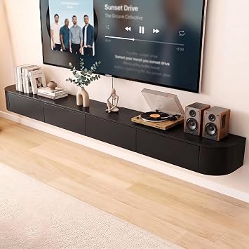 Floating TV Stand Wall Unit Cabinet with Drawers-Solid wood-70.8" Black