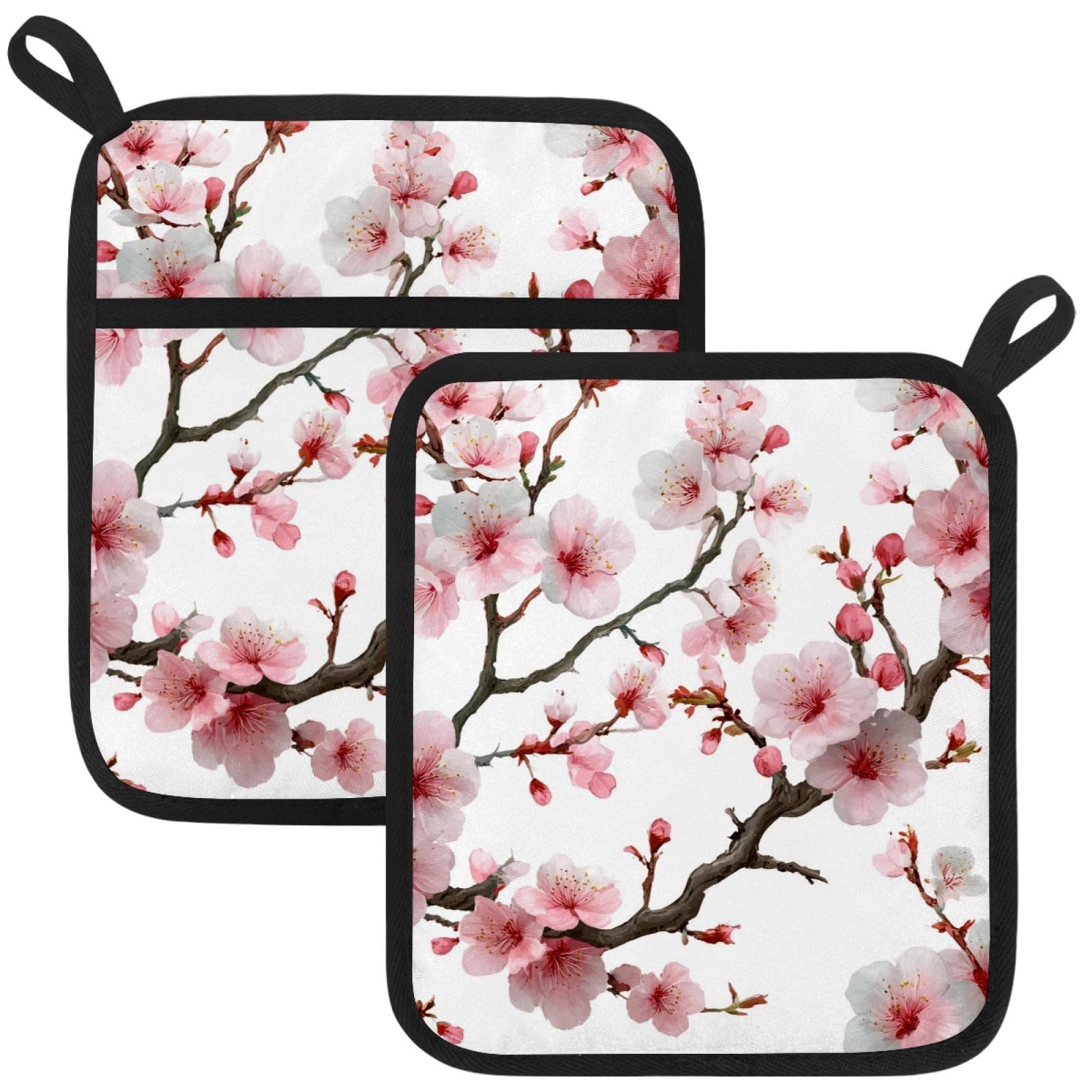VAPOKF Pink Peach Blossoms Kitchen Hot Pot Holder, Pot Holders Heat Resistant Pot Holder with Pocket Heat Resistant Trivets for Hot Pans Cotton Pot Mitts for Kitchen Cooking Baking