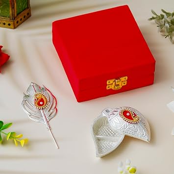 Webelkart Art Deco Silver Roli Chawal Box with Leaf Motif – Red Velvet Interior – Kumkum, Chandan, Haldi, Sindoor – Puja & Festival Gift