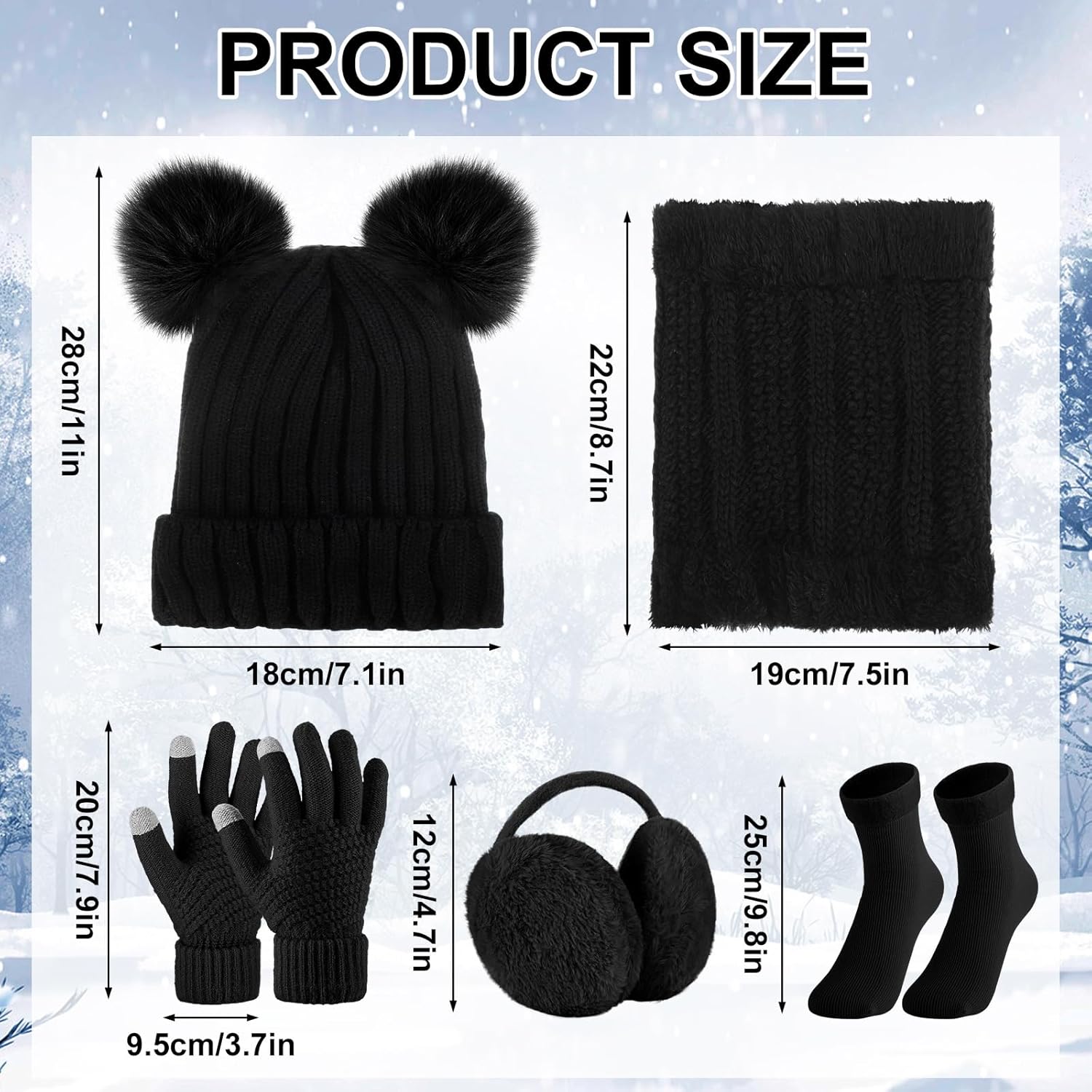 SATINIOR 5 Pcs Winter Hat Scarf Gloves Set Fleece Warm Lined Knit Beanie Hat Touch Screen Earmuff Gloves Warmer for Women(Black,Cute Style)