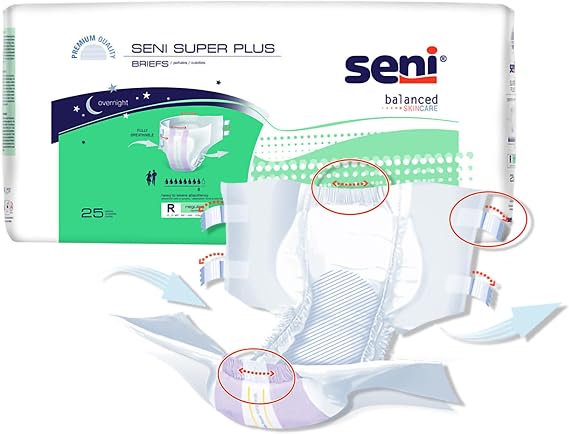 Seni Super Plus Unisex Adult Incontinence Briefs with tabs, 30-43 in, 50 ct