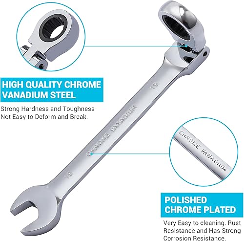 Miniatura 5 de B4B BANG 4 BUCK Llave combinada de trinquete de 0.748 in, llave de trinquete métrica de cabeza flexible con 72 dientes y 5 movimiento llave de