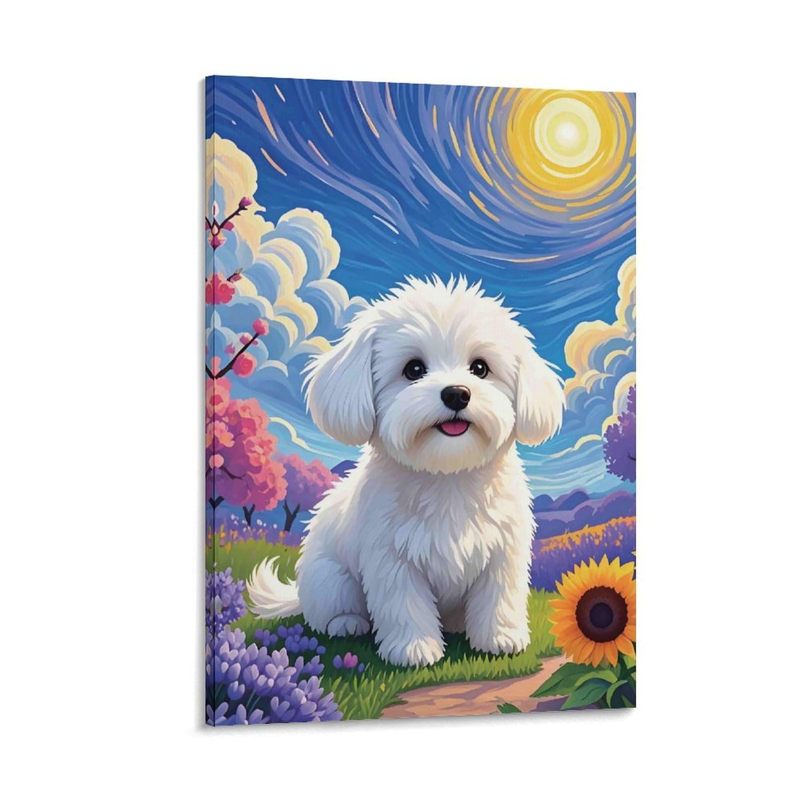 DHBANEIOK Cute White Puppy Wall Decor Poster Canvas Prints Picture Modern Wall Art Picture Wall Hanging for Bathroom Wall Decor 20x30inch(50x75cm)