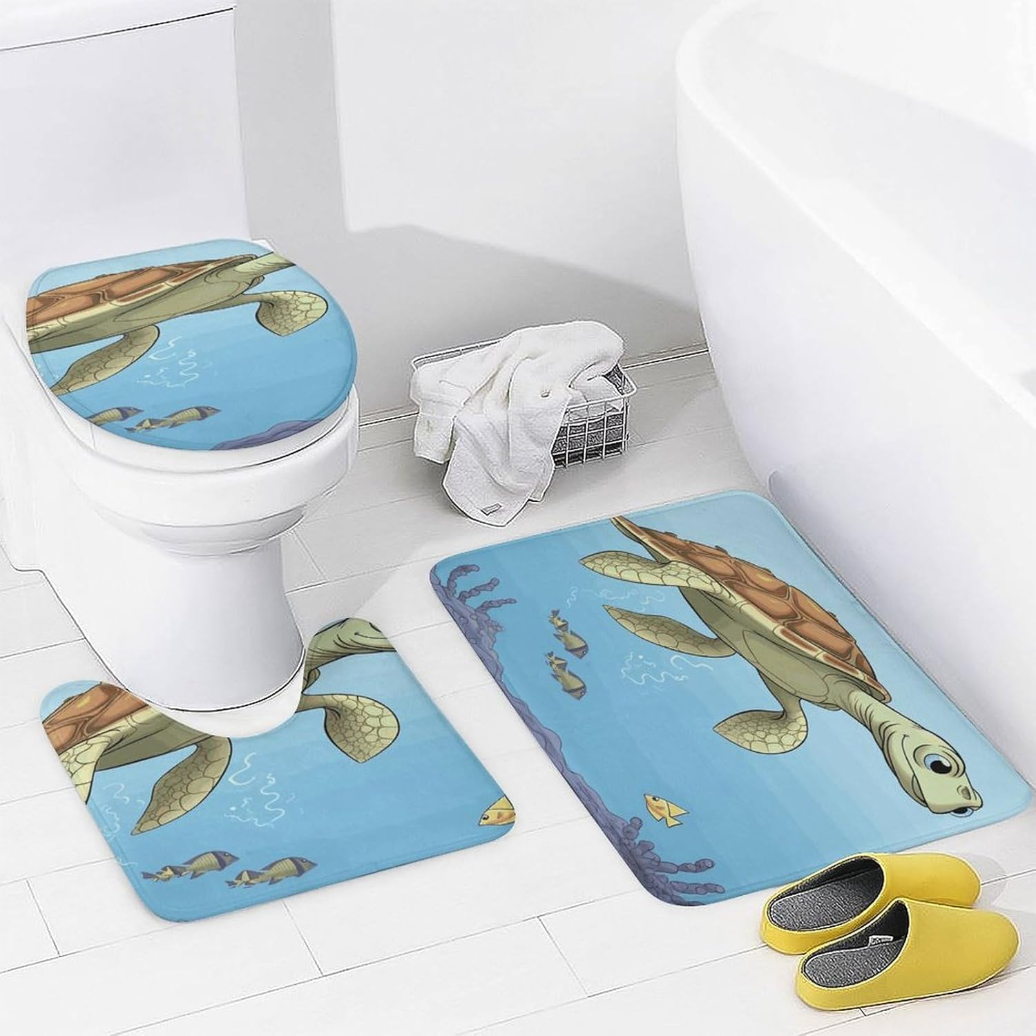 Finding Sea Turtles 4Pcs Shower Curtain Set with Non-Slip Rugs, Toilet Lid Cover and Bath Mat,Bathroom Set Decor Accessories,Curtain Set with 12 Hooks, 72 X 72 Inch