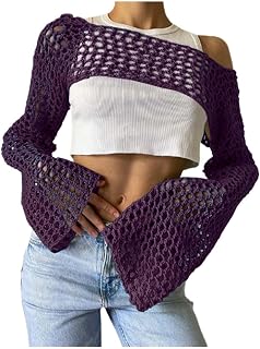Women's Mesh Crochet Crop Tops Shrugs Sexy Y2k Hollow Out Cropped Knit Sweater See Through Bikini Cover Ups