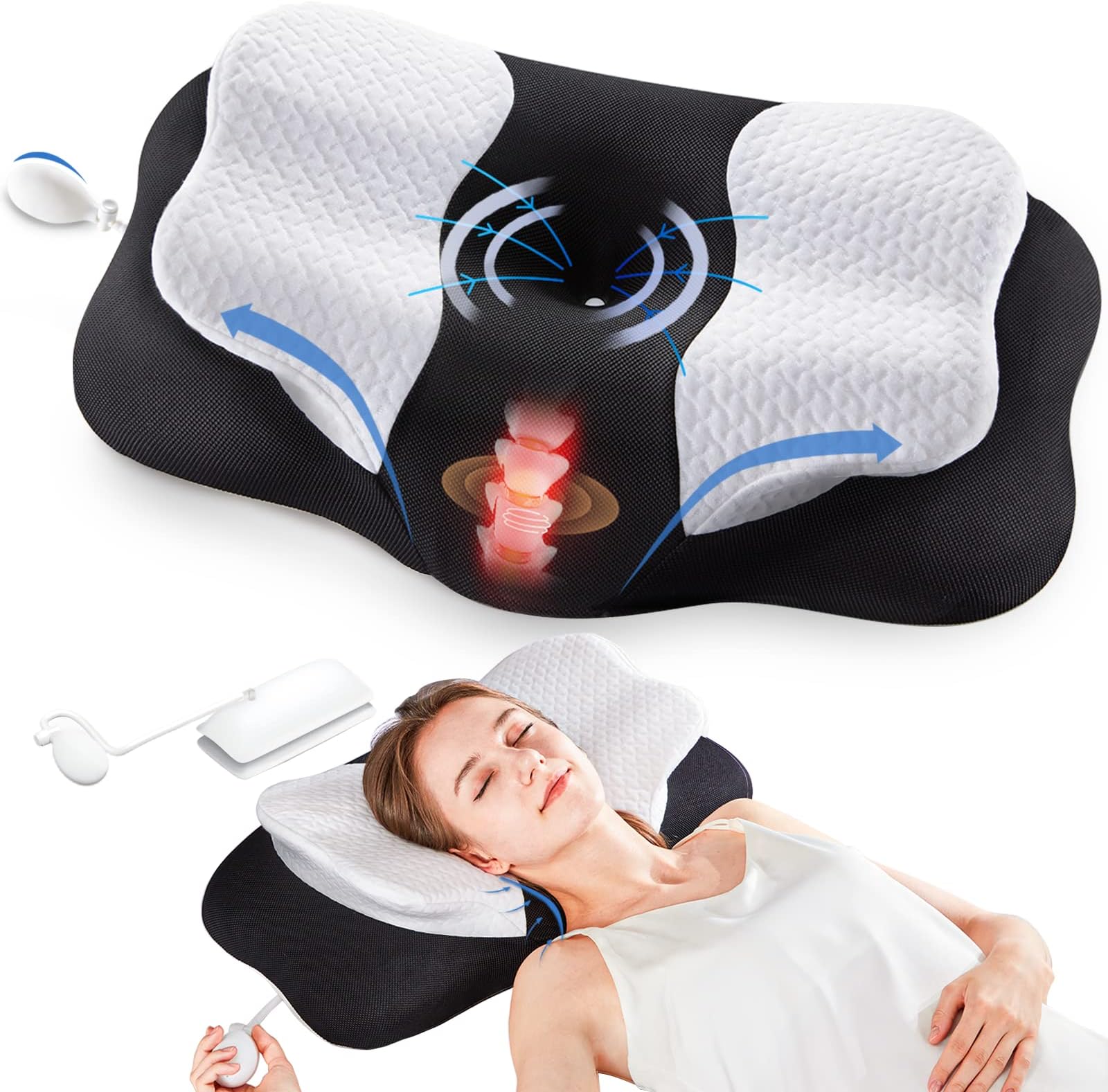 Cervical Memory Foam Pillows, Side Sleeper Pillow for Neck Shoulder Pain Relive Orthopedic Contour Ergonomic Inflatable Height Adjustable Pillow for Back Stomach Side Sleepers with Air Bag