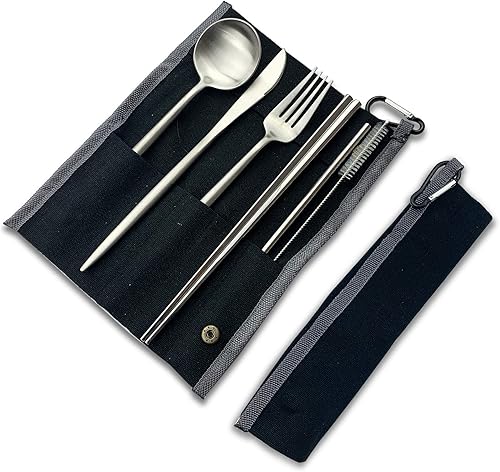 Miniatura 49 de JASHII Juego de cubiertos reutilizables con cuchillo, tenedor, cuchara, palillos, 7 piezas de vajilla portátil de acero inoxidable 304 de viaje