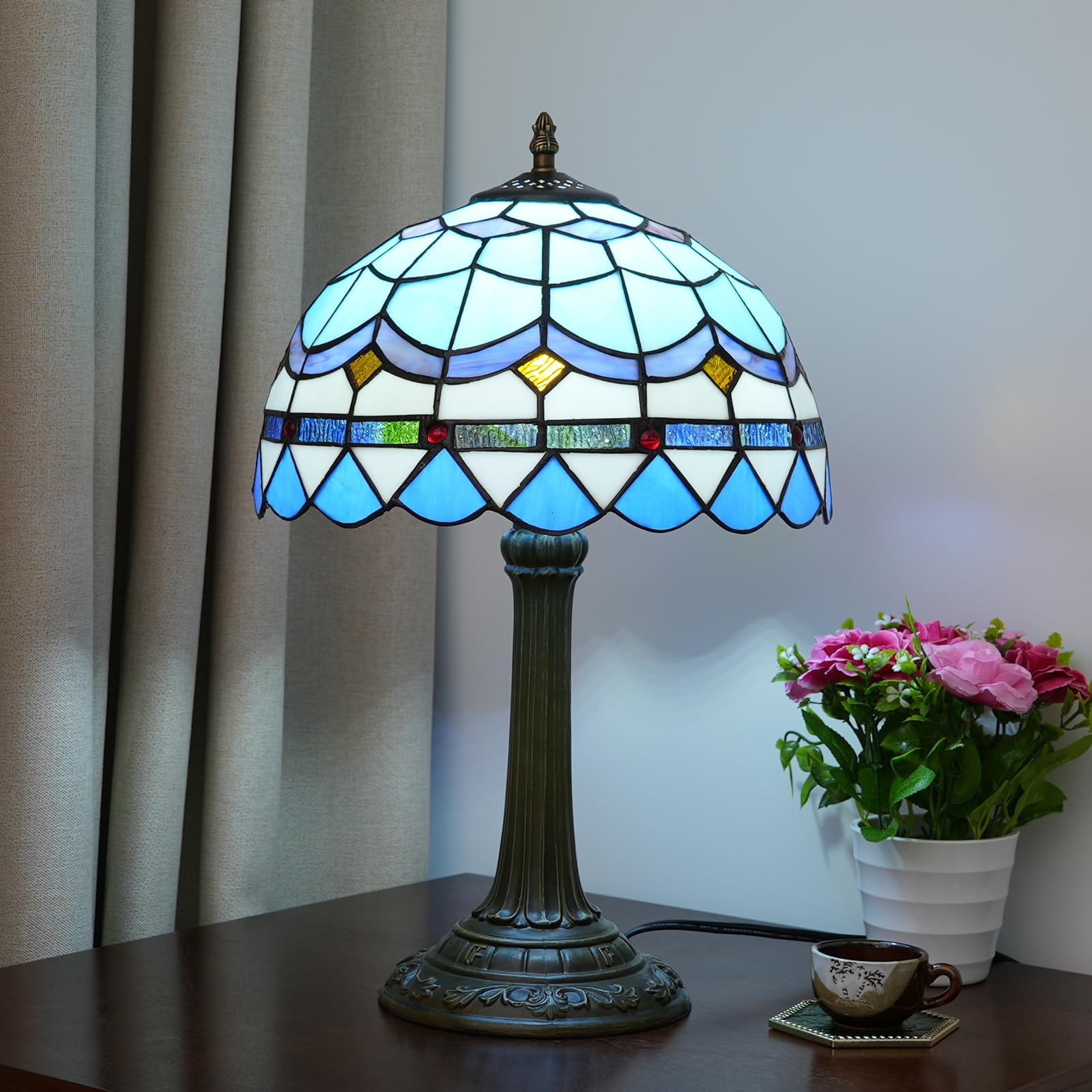 Tiffany lampa stołowa witrażowa lampa śródziemnomorska niebieska sypialnia lampa stołowa lampka do czytania lampka na biurko do salonu biura akademika jadalni dekoracja parapetówka prezent 30 x 30 x