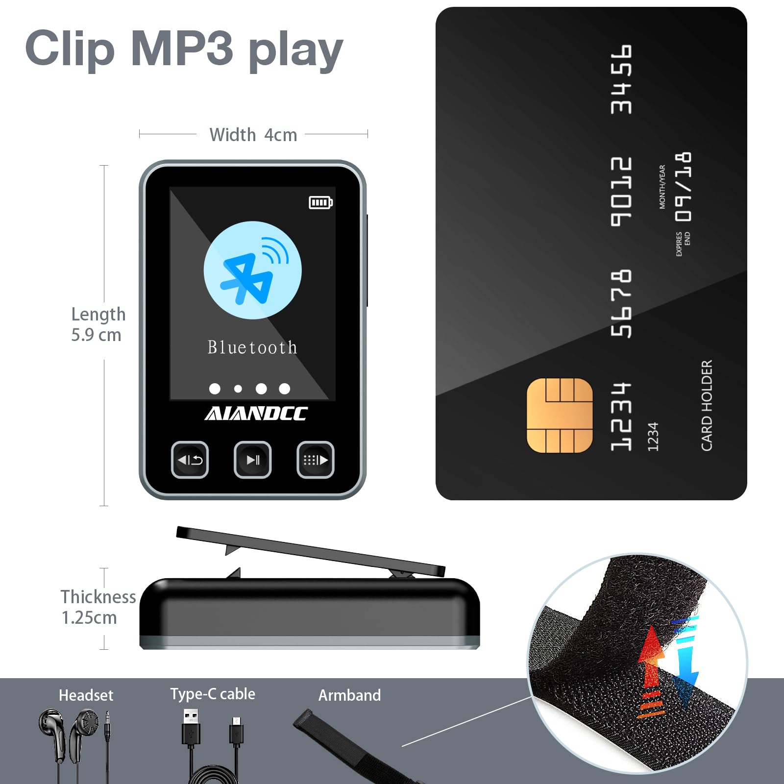 MP3 Player Bluetooth 5.3 mit Sport Clip und Sportarmband, mp3-player mit 1,77 Zoll TFT Farbbildschirm, Mp3 Player mit Kopfhörer, Unterstützt bis 128GB SD Karte, Schwarz